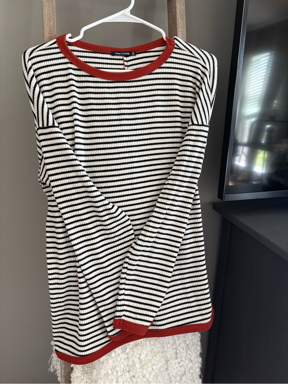 Pixie Lily Black & White Striped Sweater with Rust Trim